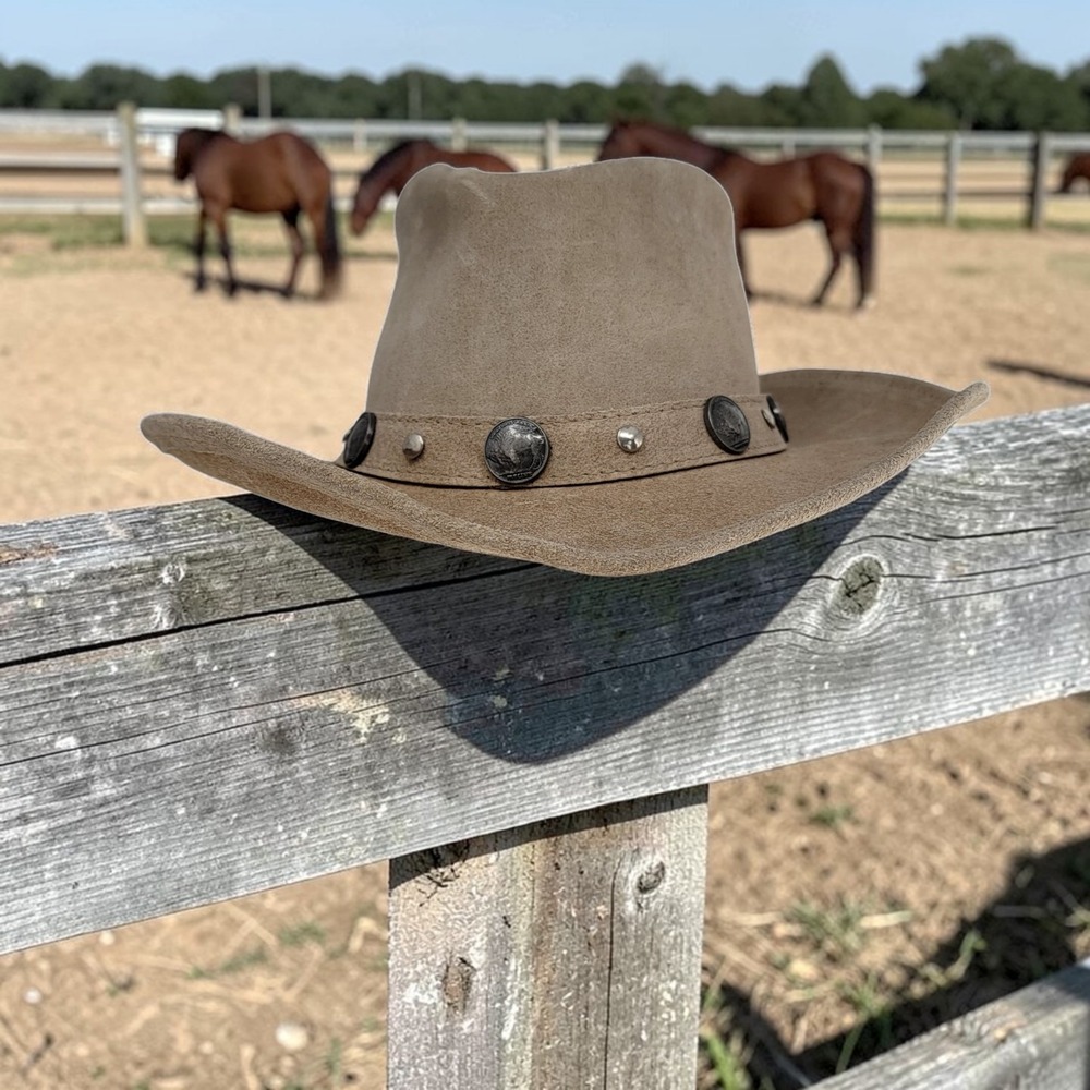 Minnetonka Outback Buffalo‎ Nickel Leather Cowboy Hat Buckskin Tan Size Large